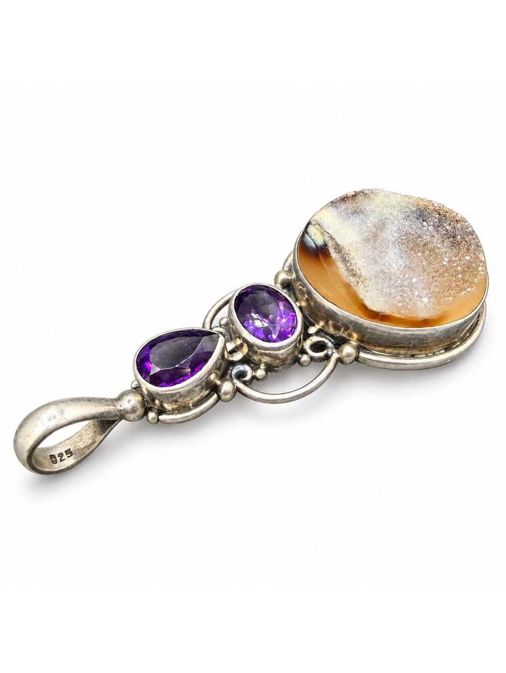 Vintage 925 Sterling Silver Druzy Agate Amethyst Statement Pendant 14.77g